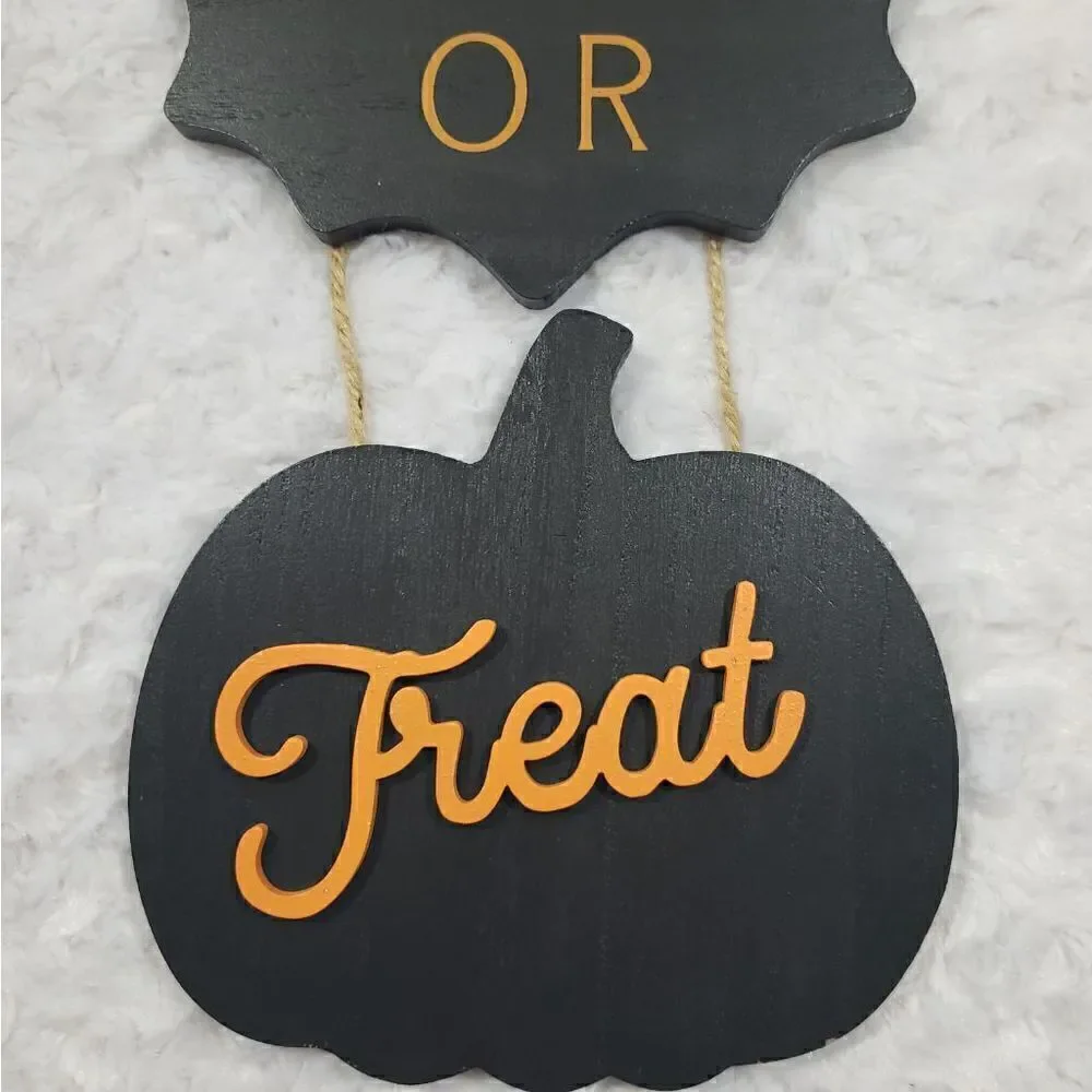 Halloween Trick or Treat fall seasonal wall decor with pumpkin and bat